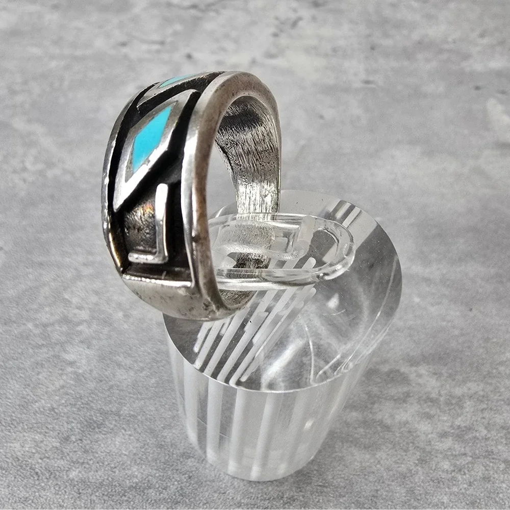Vintage Southwestern Ring Turquoise Inlay Geometric Band Silver Tone Size 9